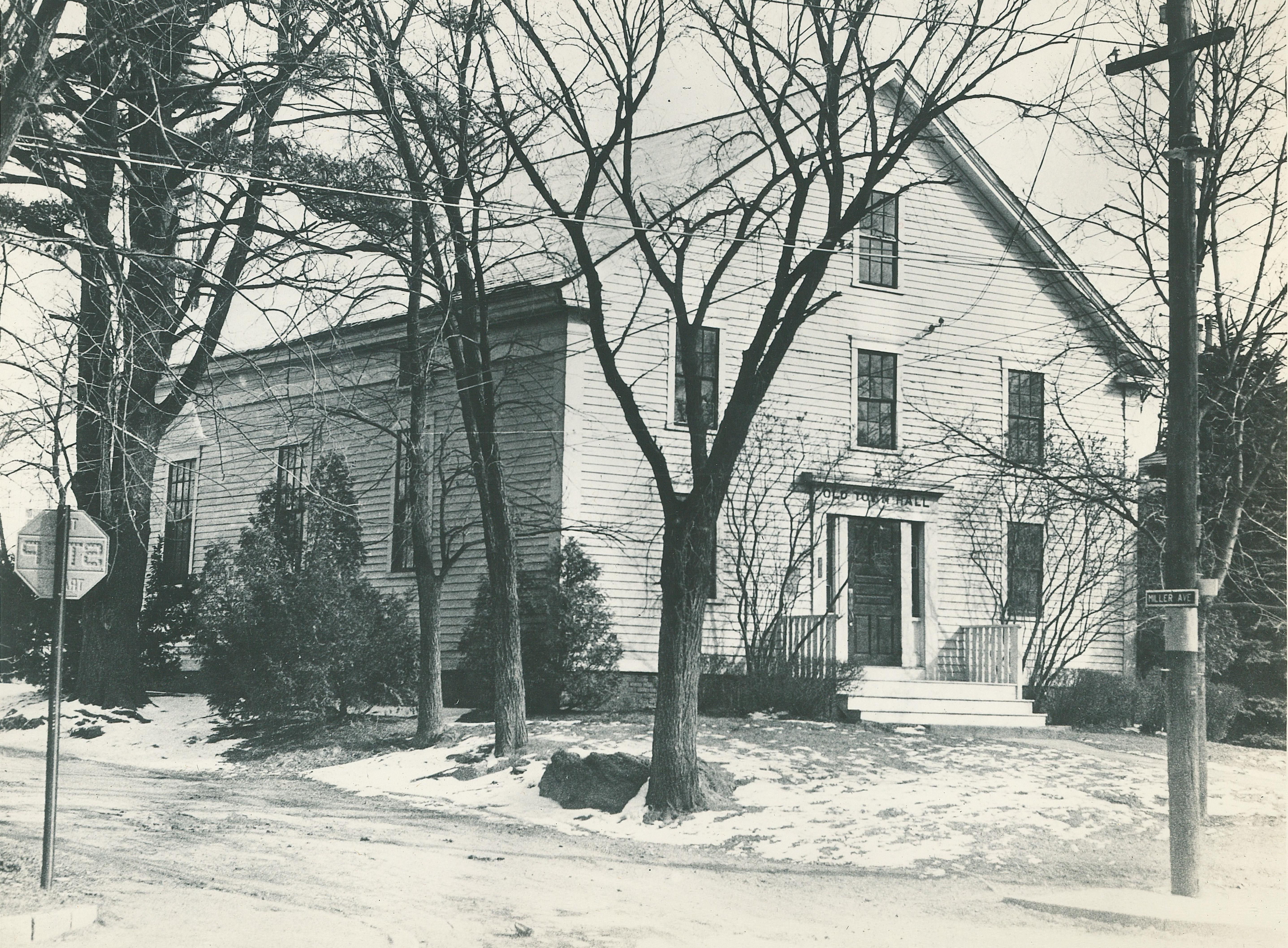 Black and white photo of old rumford town hall